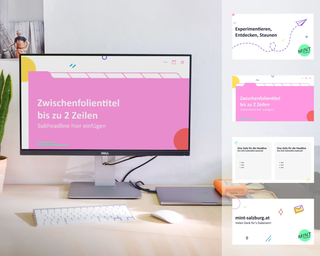 PowerPoint-Präsentation für MINT Salzburg mit farbenfrohem Foliendesign in Rosa, Grün und Gelb, dargestellt auf einem Bildschirm und anhand verschiedener Folienvorlagen.