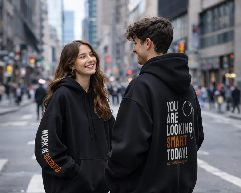 Zwei Personen mit schwarzen Work-in-Salzburg-Hoodies auf einer belebten Straße, mit typografischen Designs in Weiß und Orange.