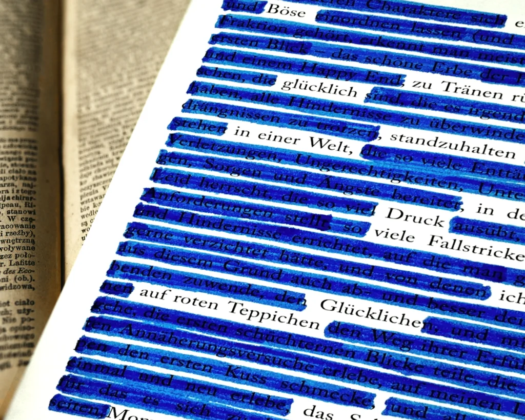 Nahaufnahme einer Buchseite, auf der zahlreiche Textstellen mit blauem Marker hervorgehoben wurden. Im Hintergrund liegt ein geöffnetes Buch unscharf im Bild. Die Szene vermittelt den Eindruck von Literaturarbeit, Analyse oder kreativem Schreiben.