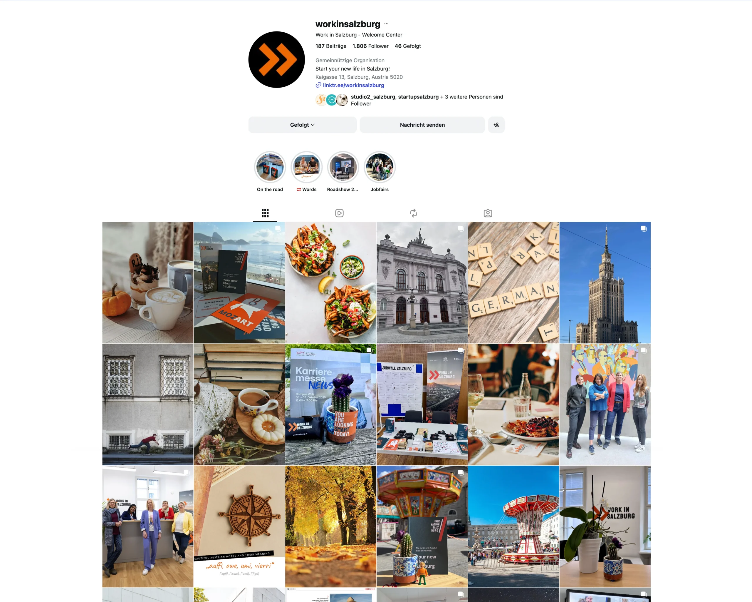 Screenshot des Instagram-Profils von „workinsalzburg – Work in Salzburg Welcome Center“. Zu sehen sind Profilinfos, Story-Highlights und ein Feed mit Beiträgen zu Salzburg, internationalem Arbeiten, Sprache, Kultur, Karriere und Veranstaltungen.