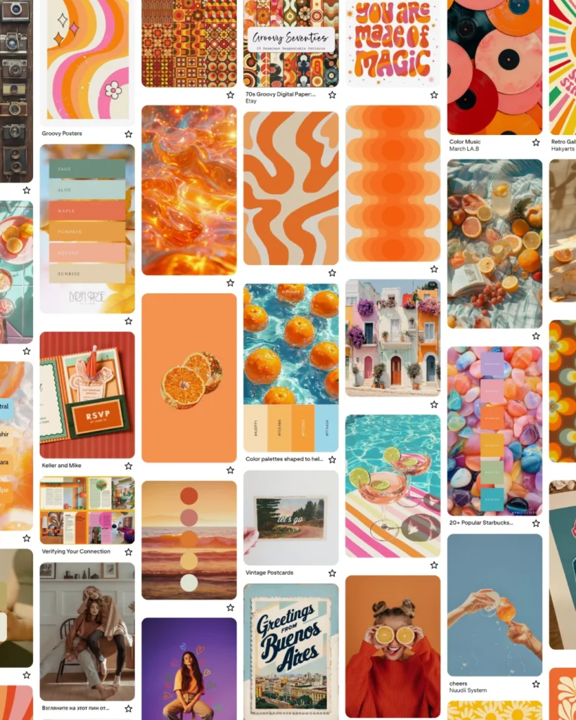 Alt-Text: Pinterest-Pinnwand mit farbenfrohen Inspirationen in Orange, Rosa und Türkis, darunter Retro-Designs, Farbpaletten, Typografie und Fotografie.